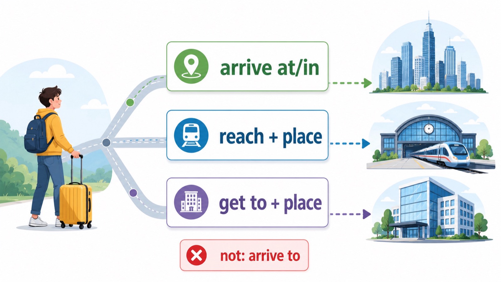 arrive、reach 和 get to 三种到达表达的结构判断总览图
