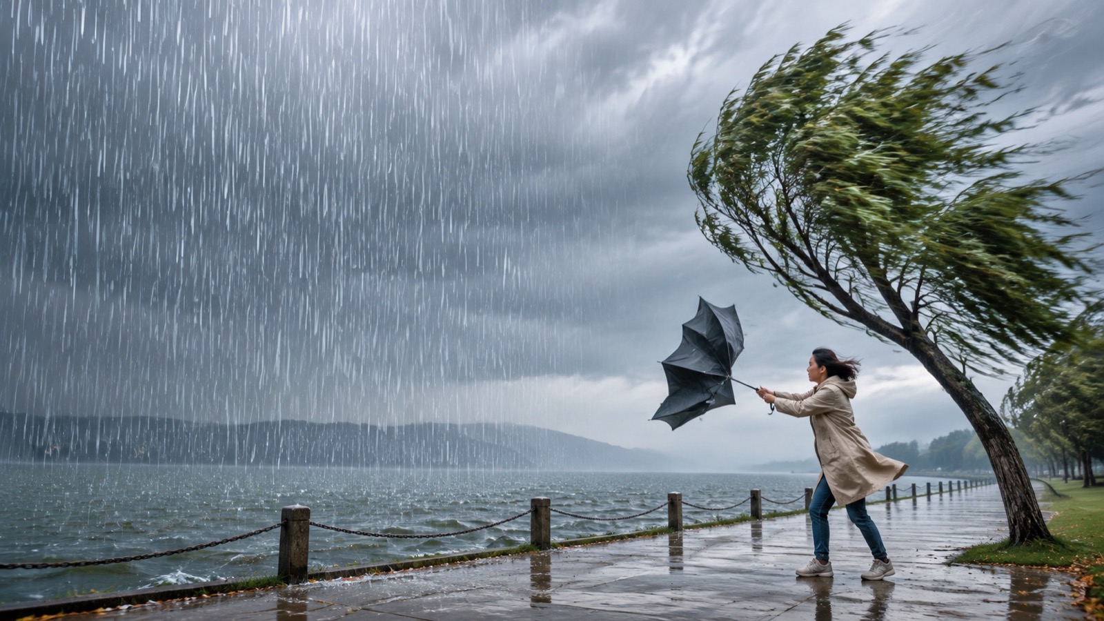 一场暴风雨中,密集雨线落下,强风吹弯树木和雨伞,分别帮助理解 heavy rain 与 strong wind 的不同搭配。