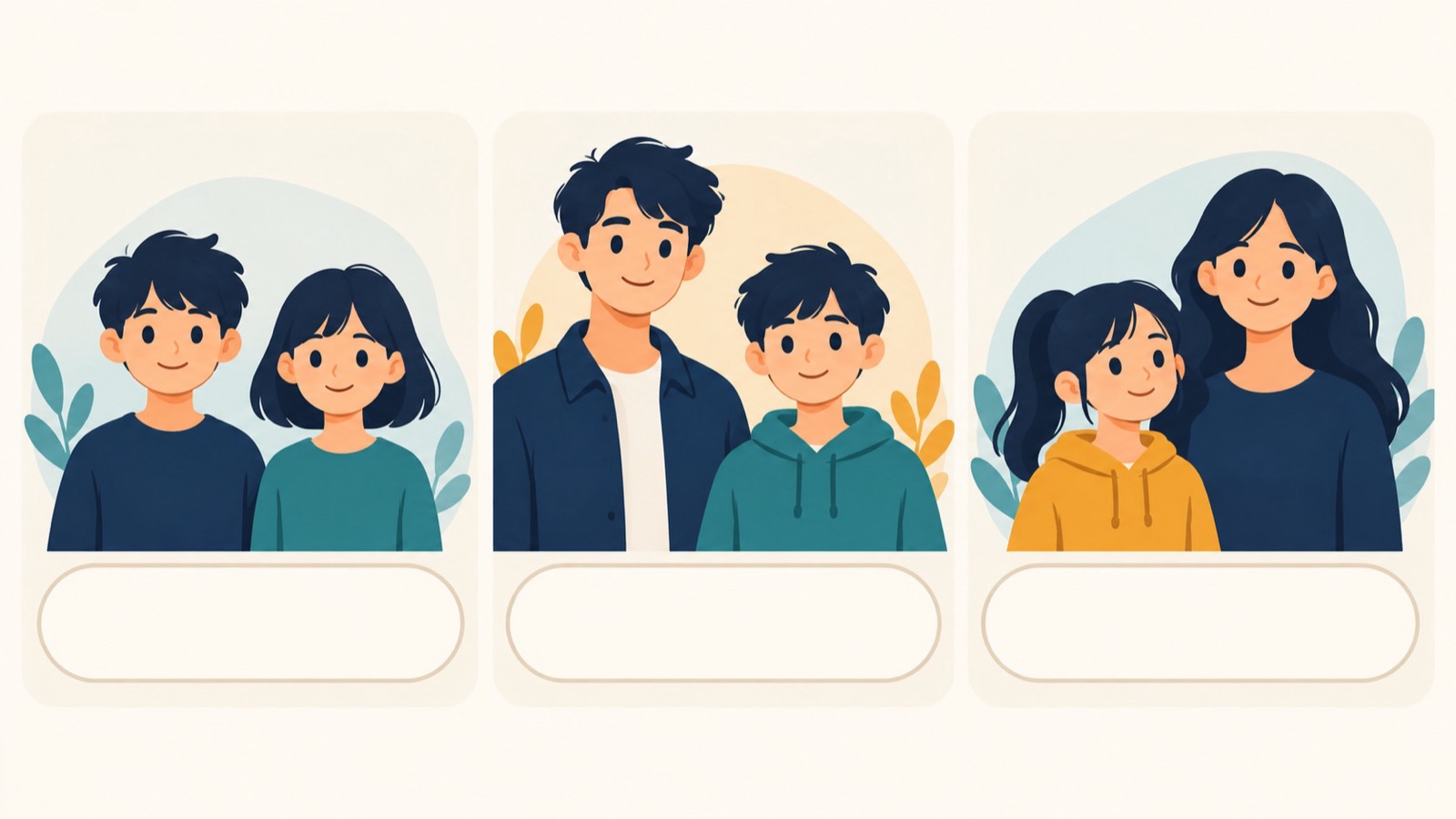 三张简洁关系卡片对比 brother 不说明年龄、older brother 表示哥哥、younger brother 表示弟弟。
