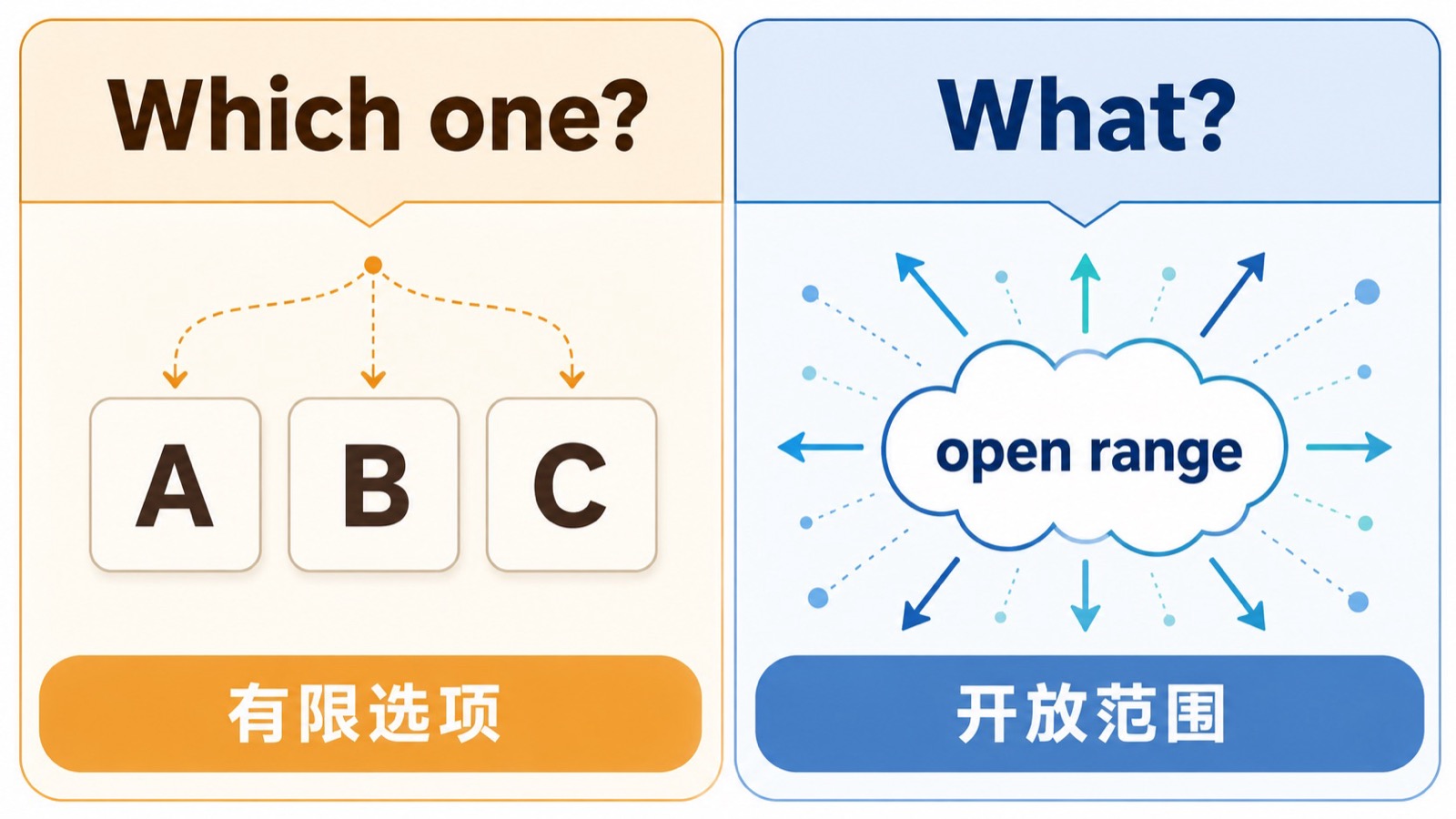 Which one 和 What 被放在左右两栏，对比有限选项和开放范围两种提问场景。