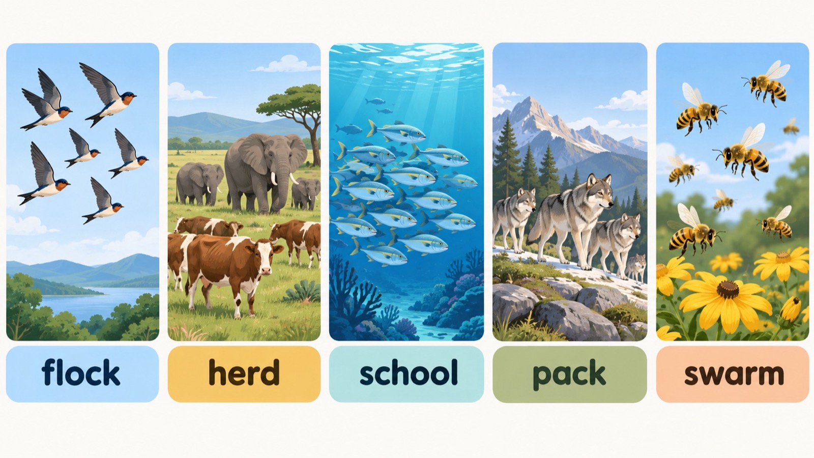 英语动物集合名词选择图，用鸟、牛、鱼、狼和蜜蜂对应 flock、herd、school、pack、swarm