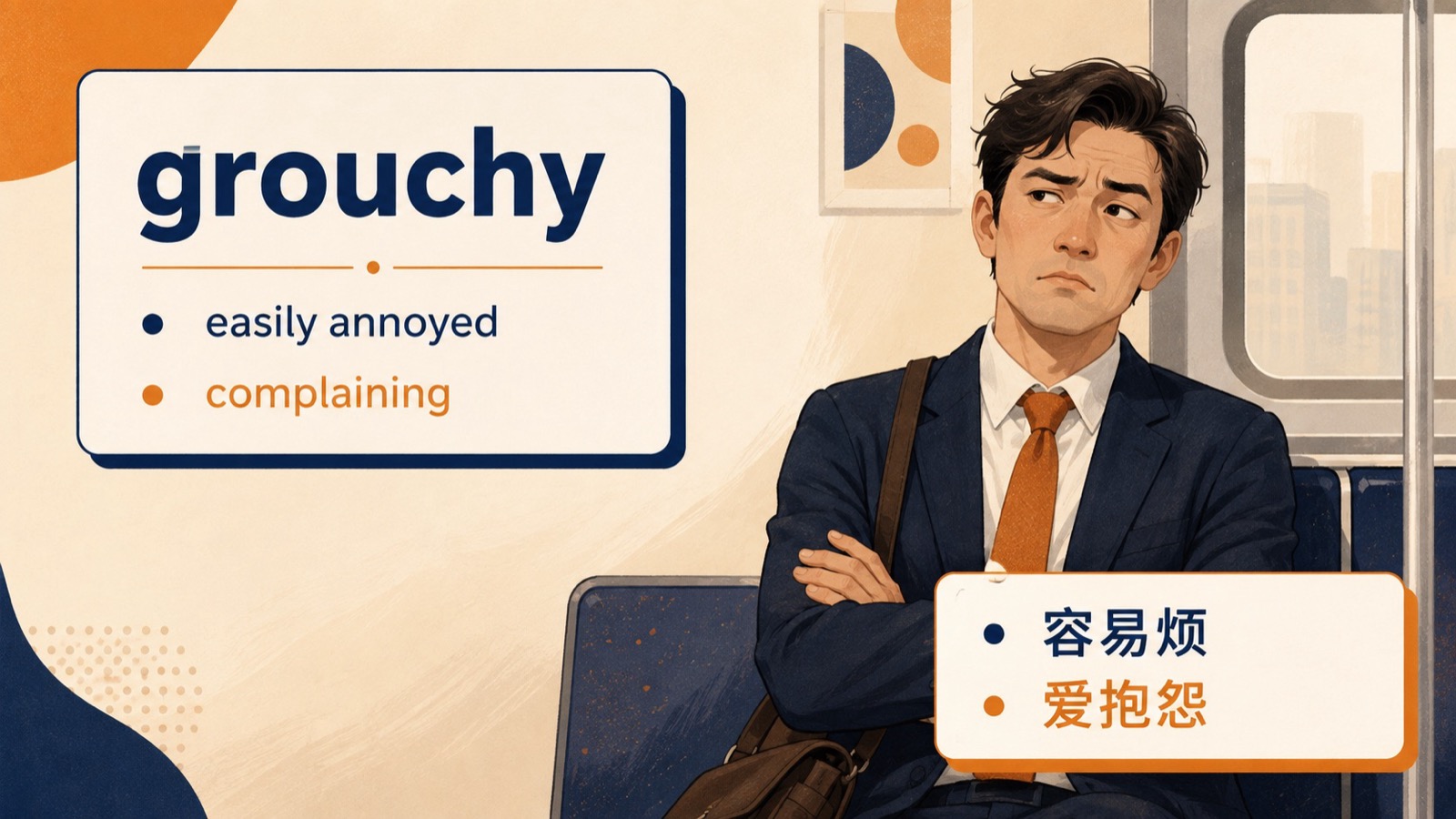 三场景图展示 grouchy 可表示没睡好后的烦躁、持续抱怨和爱发牢骚的人物印象。