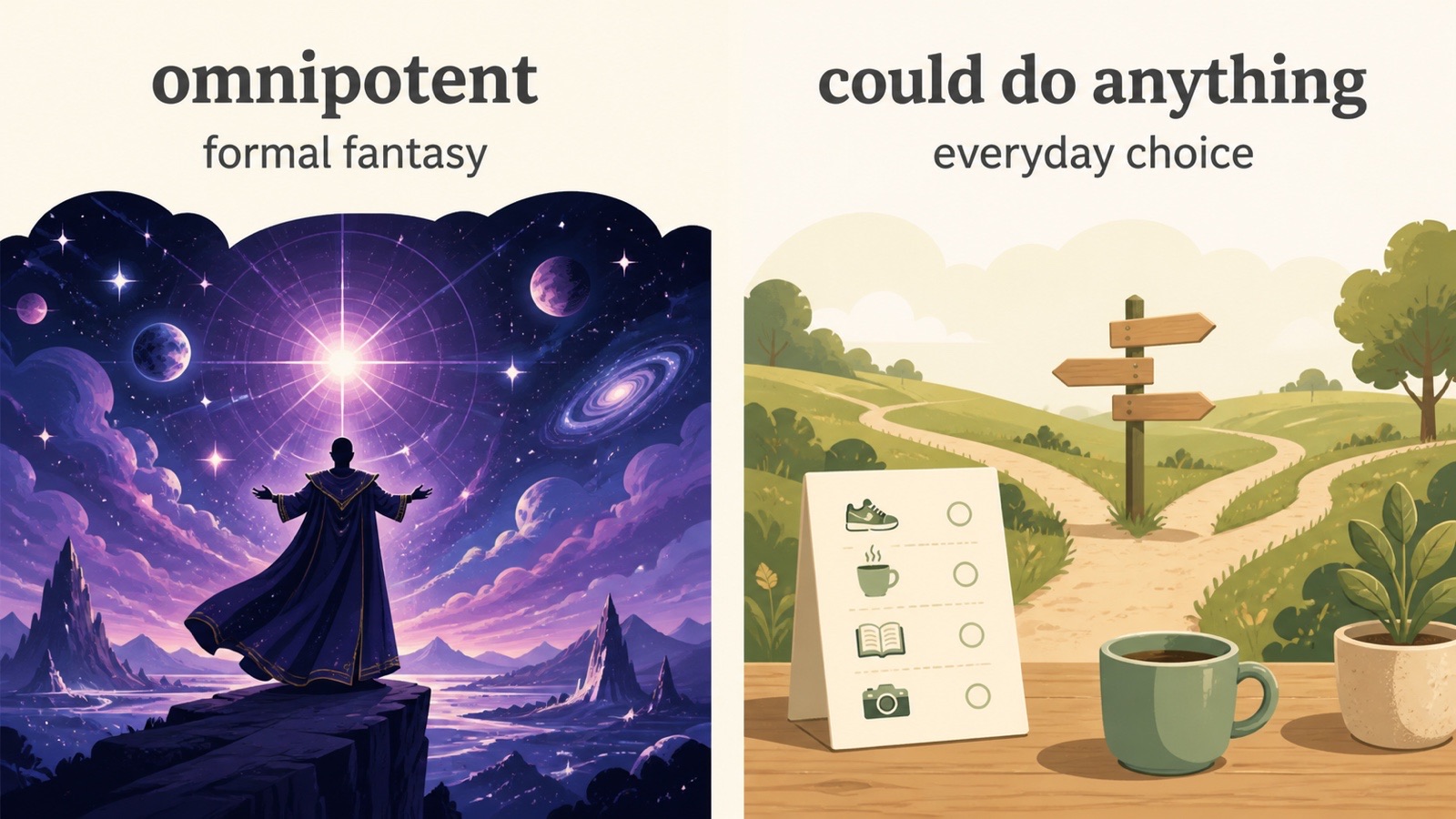 左右对比图，左侧是 omnipotent 的正式幻想语境，右侧是 could do anything 的日常自由选择语境。