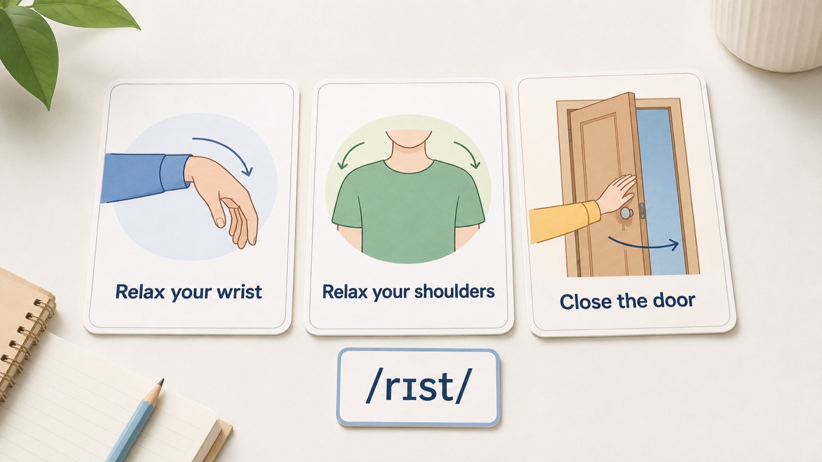 三张动作指令练习卡展示 Relax your wrist、Relax your shoulders 和 Close the door。