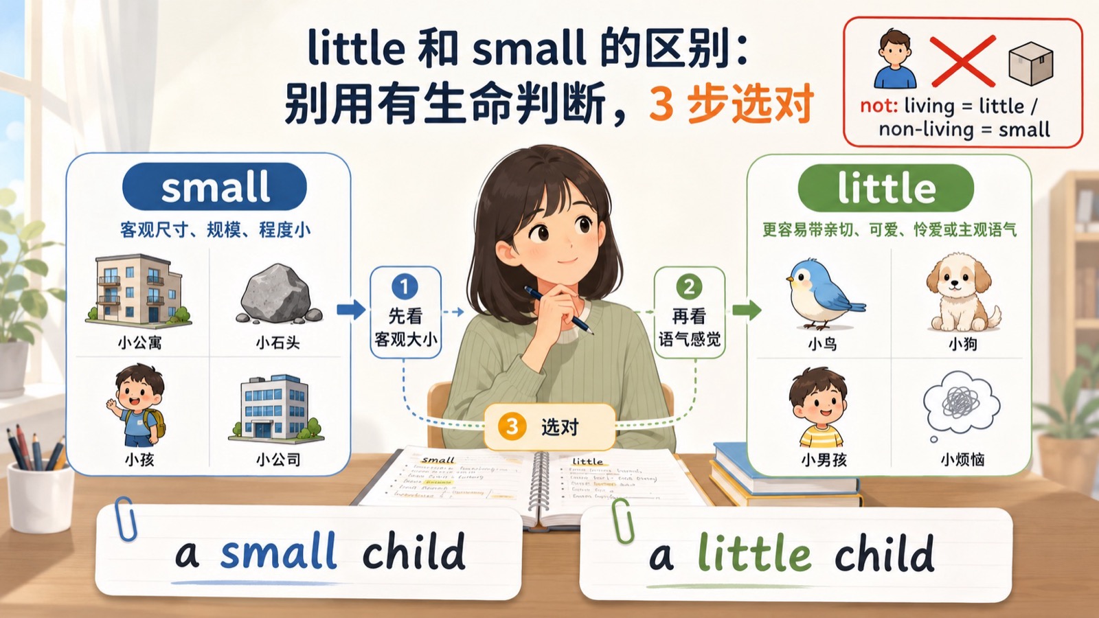 用尺寸、情感和语境三步判断 little 与 small 的选择路径。