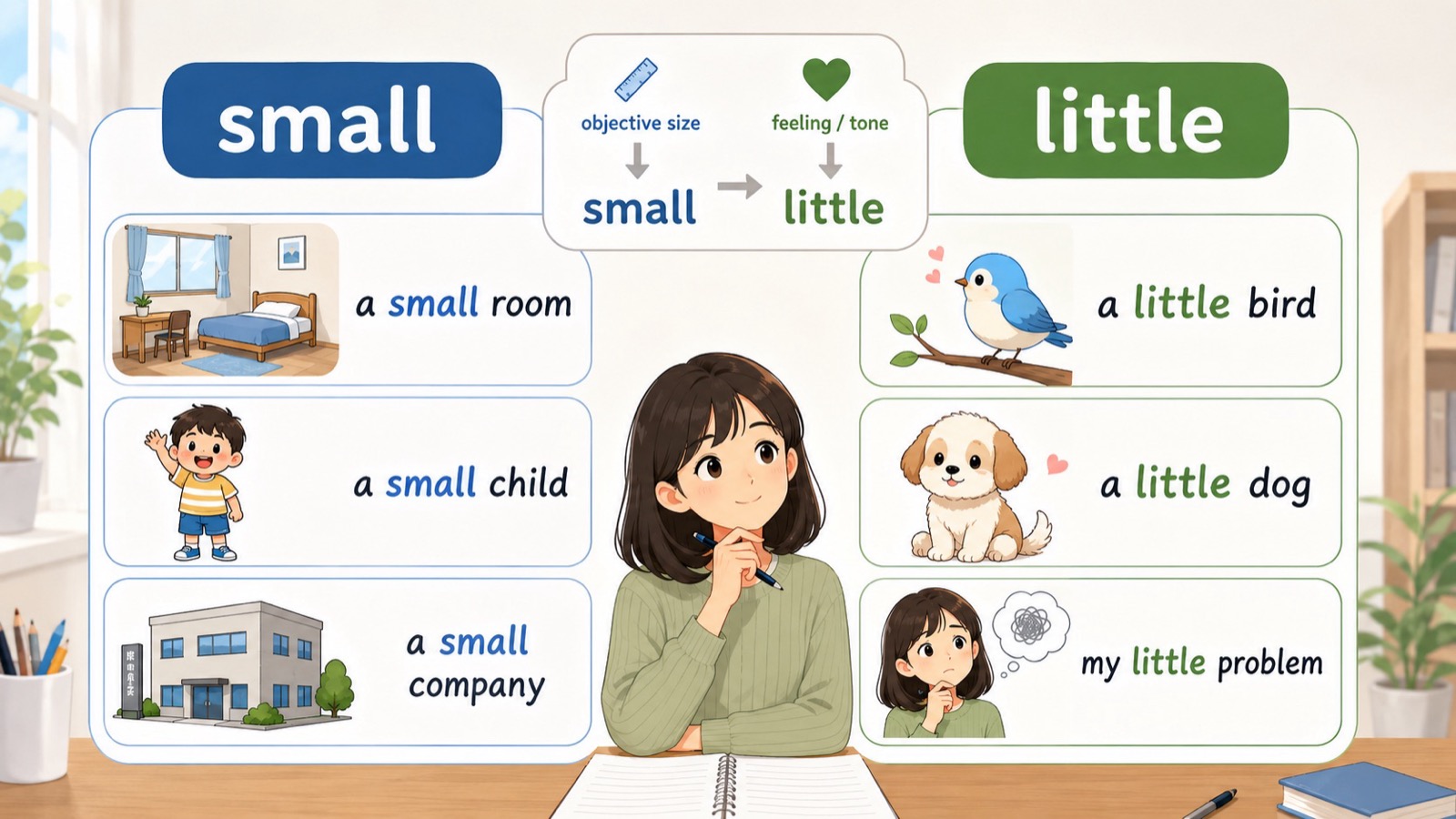 small 的客观尺寸和 little 的情感色彩左右对比。