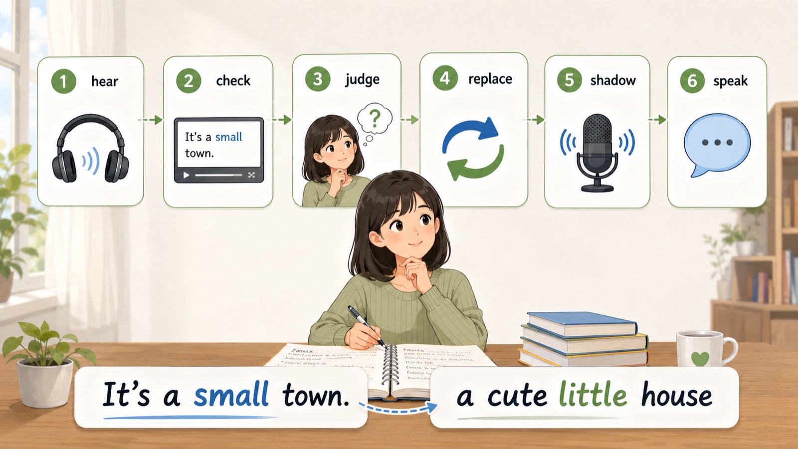 用真实视频句子练习 little 和 small 的听写、判断和跟读。