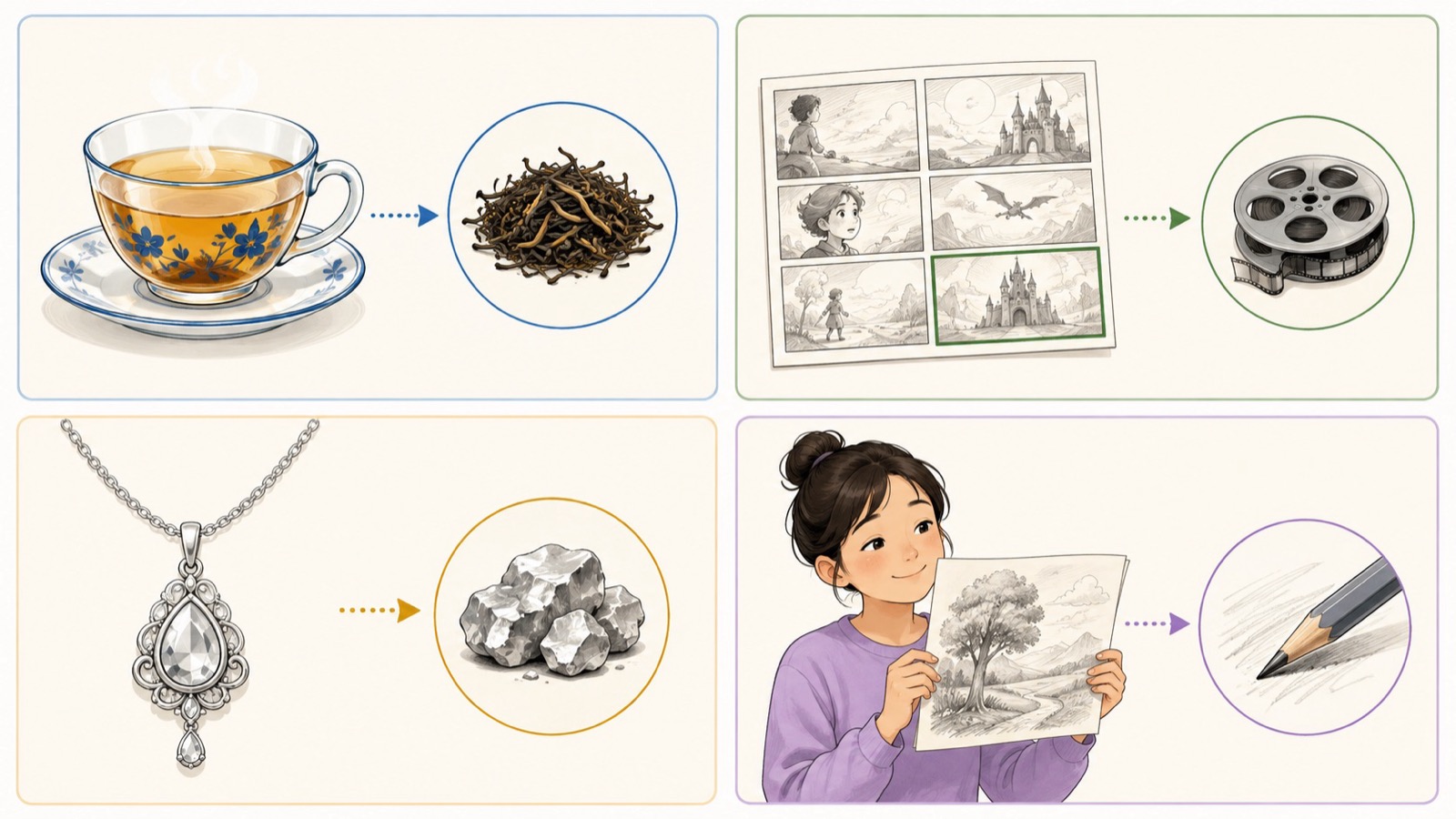 两列对比图展示 a cup of tea、the end of the film、made of silver 和 proud of your work 四种 of 关系。