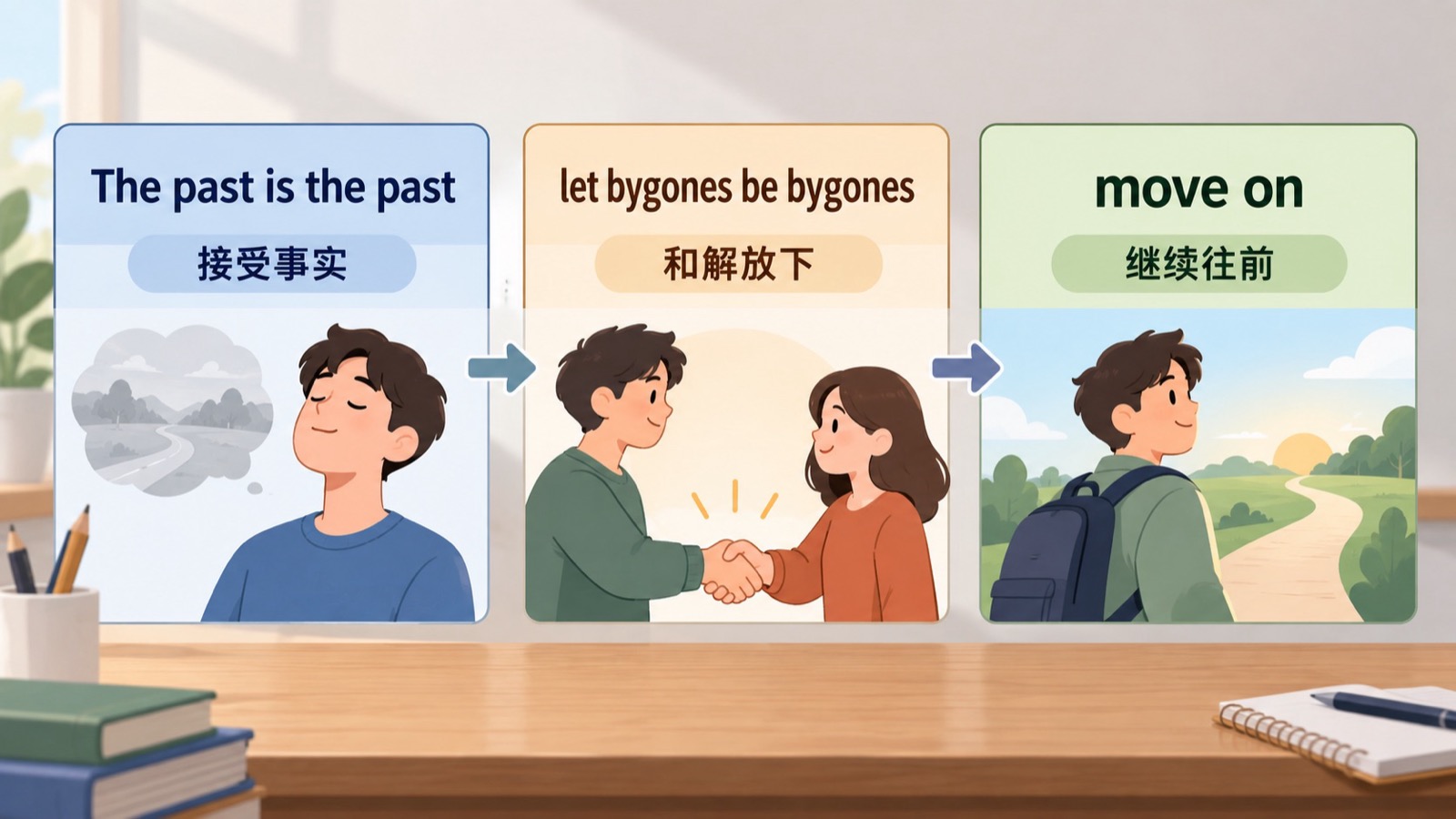 past is past、let bygones be bygones 和 move on 三类语气的对比示意图