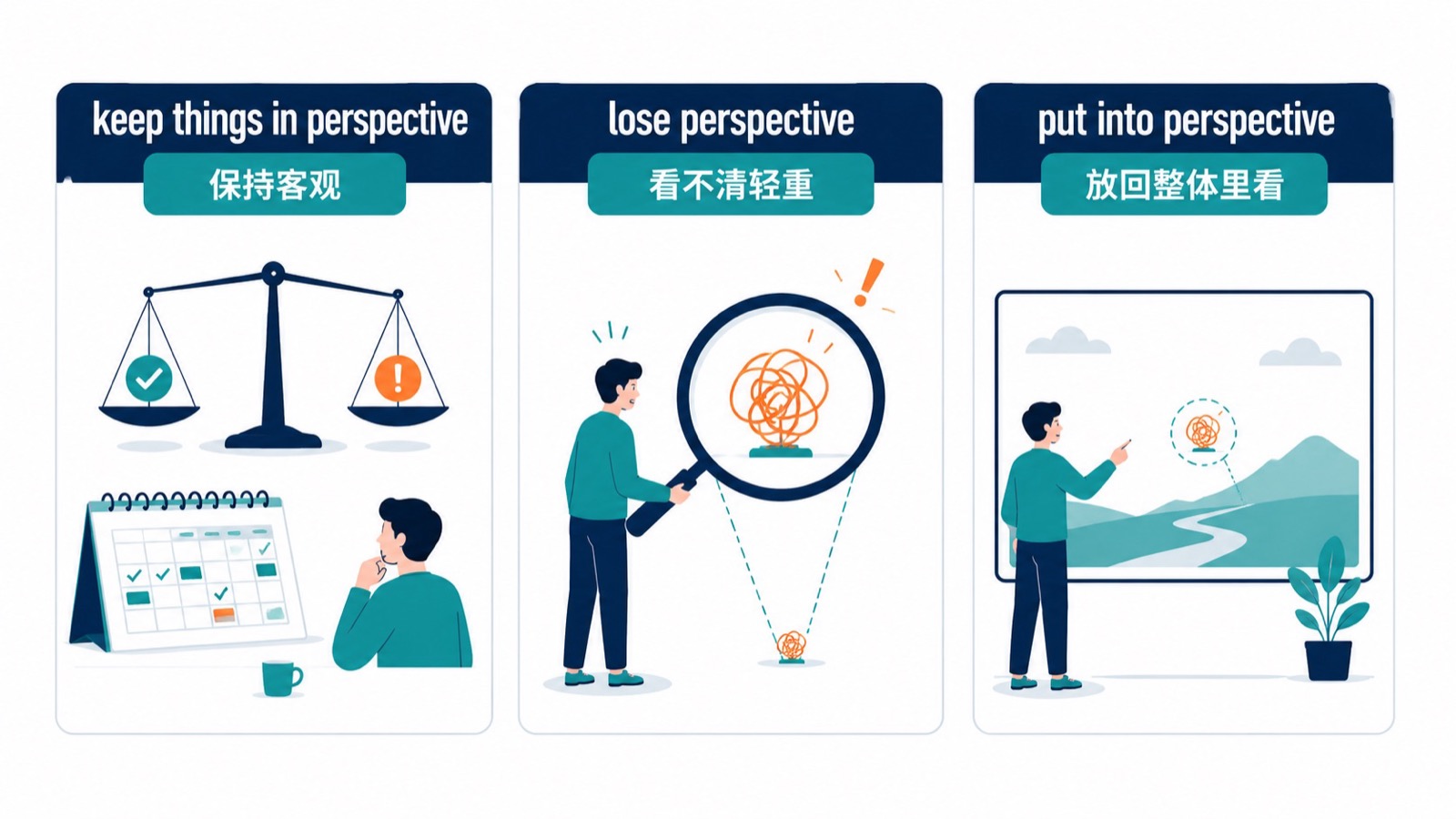 句型卡展示 keep things in perspective、lose perspective 和 put into perspective 的含义差异。
