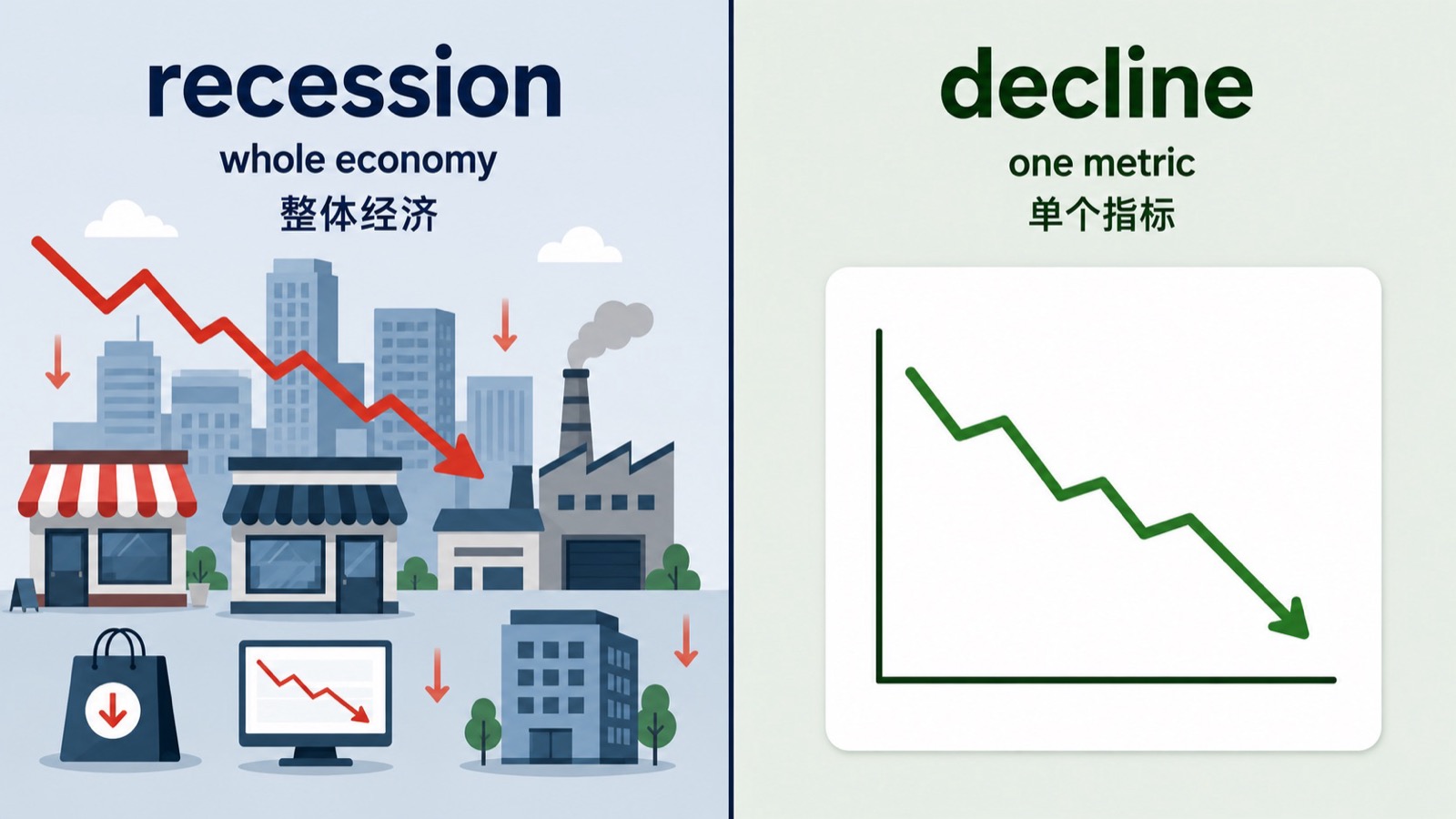 左右对照图，左侧是整体经济活动低迷的 recession，右侧是单个销售指标下降的 decline。