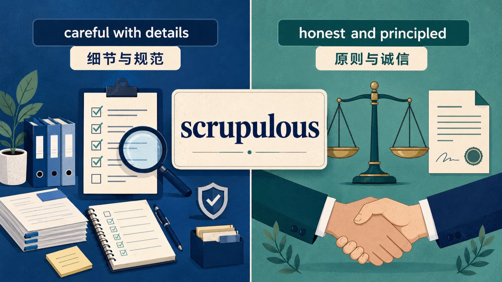 左右对照图，展示 scrupulous 表示严谨细致和诚实守原则的两层含义。