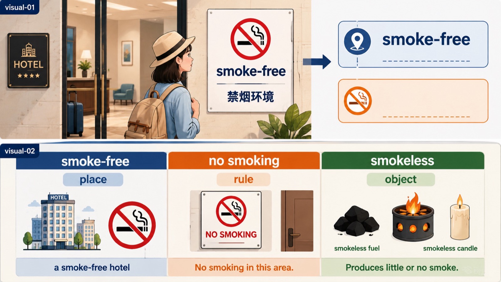 "酒店门口的禁烟环境提示，旁边以简短标签说明 smoke-free 表示禁止吸烟。"
