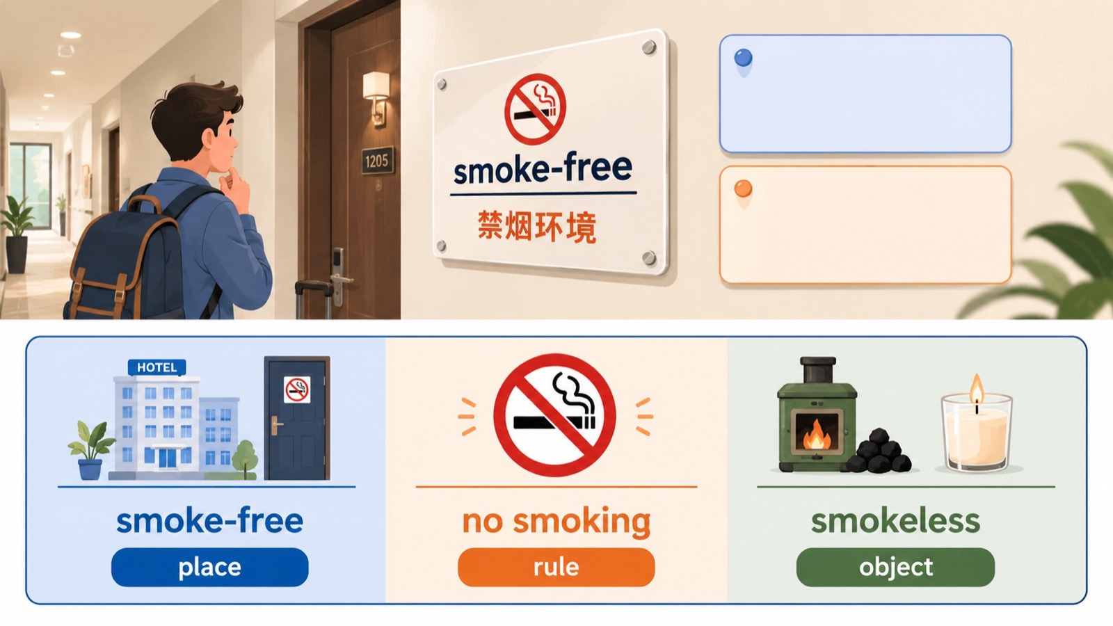 "三栏对比图,分别把 smoke-free 对应地点环境、no smoking 对应规则标识、smokeless 对应物品是否产生烟。"