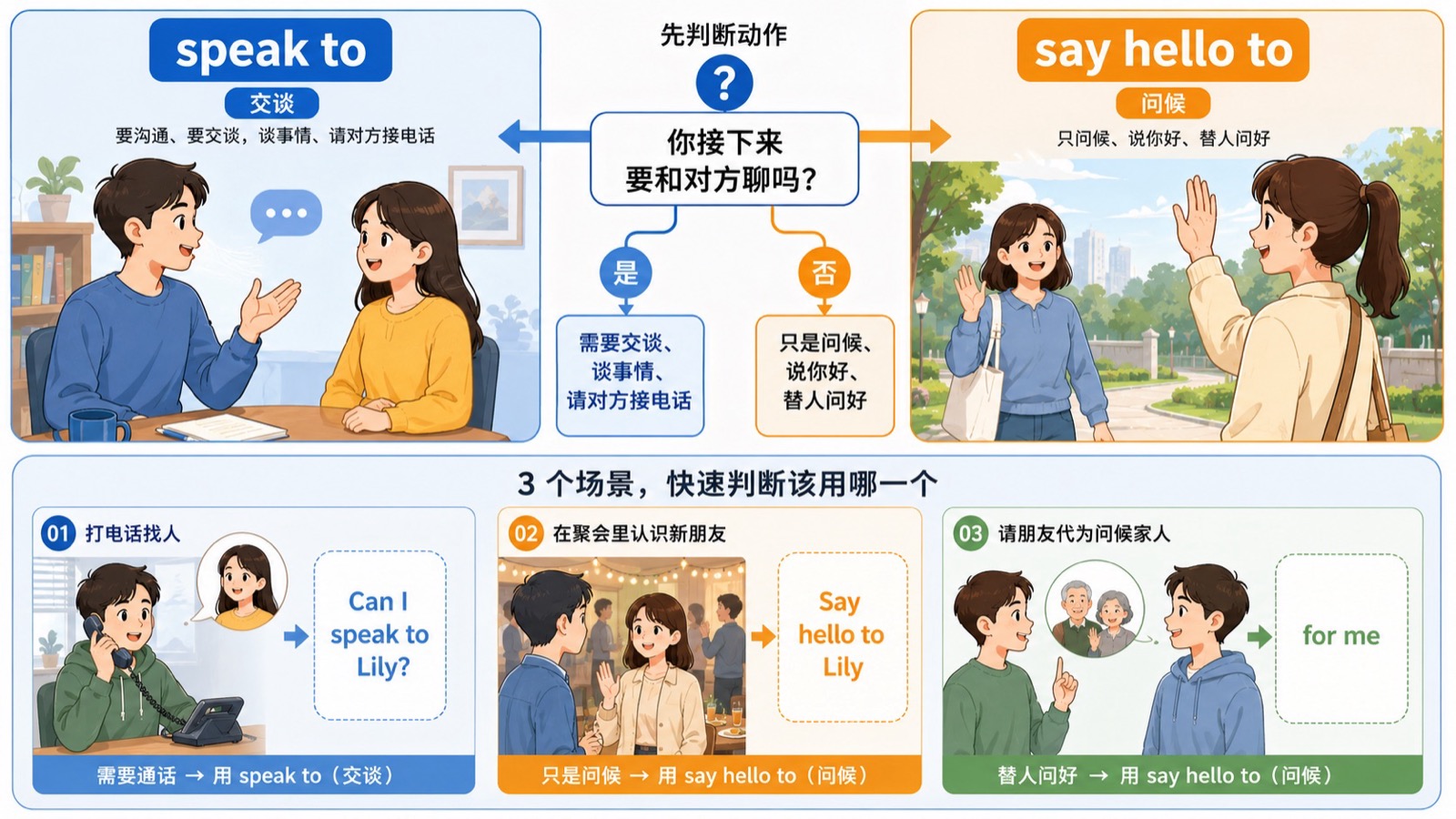 左右两张教学卡对比 speak to 的交谈动作与 say hello to 的问候动作，中间用人物对象连接。