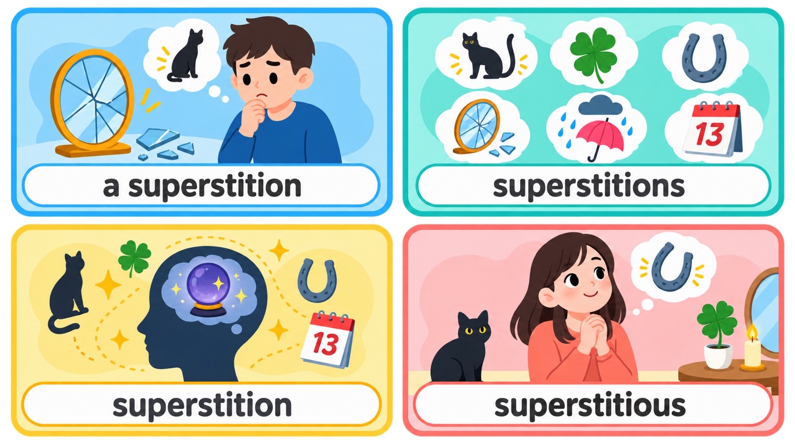四格决策图分别对应 a superstition、superstitions、superstition 和 superstitious 的使用场景。