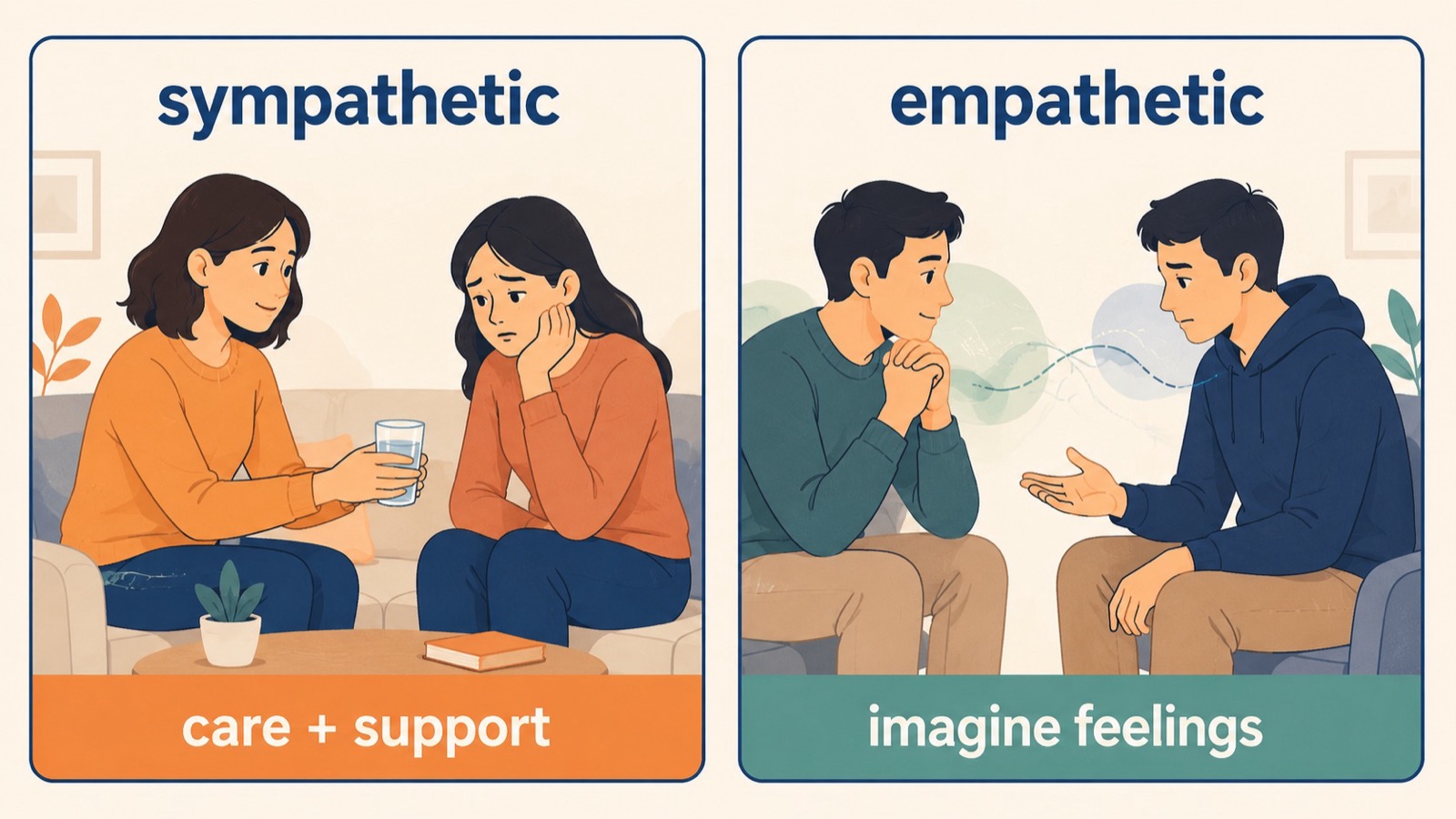 左右对照图比较 sympathetic 的关心支持与 empathetic 的设身处地理解感受。