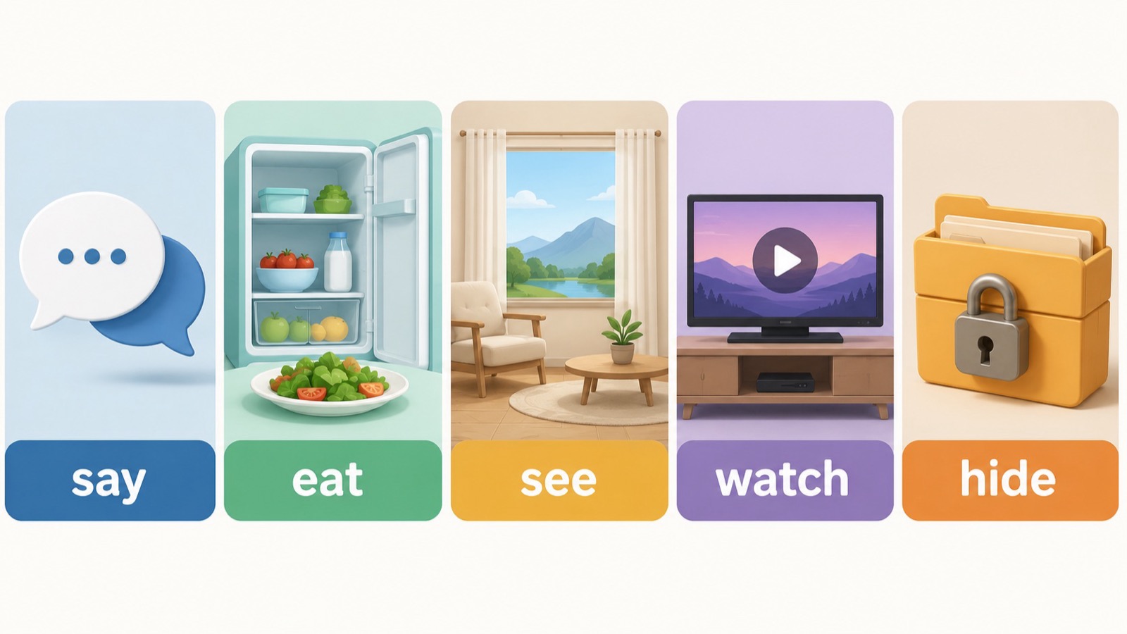 nothing to say、eat、see、watch、hide 的动作选择图,用中文场景帮助判断该换哪个动词。
