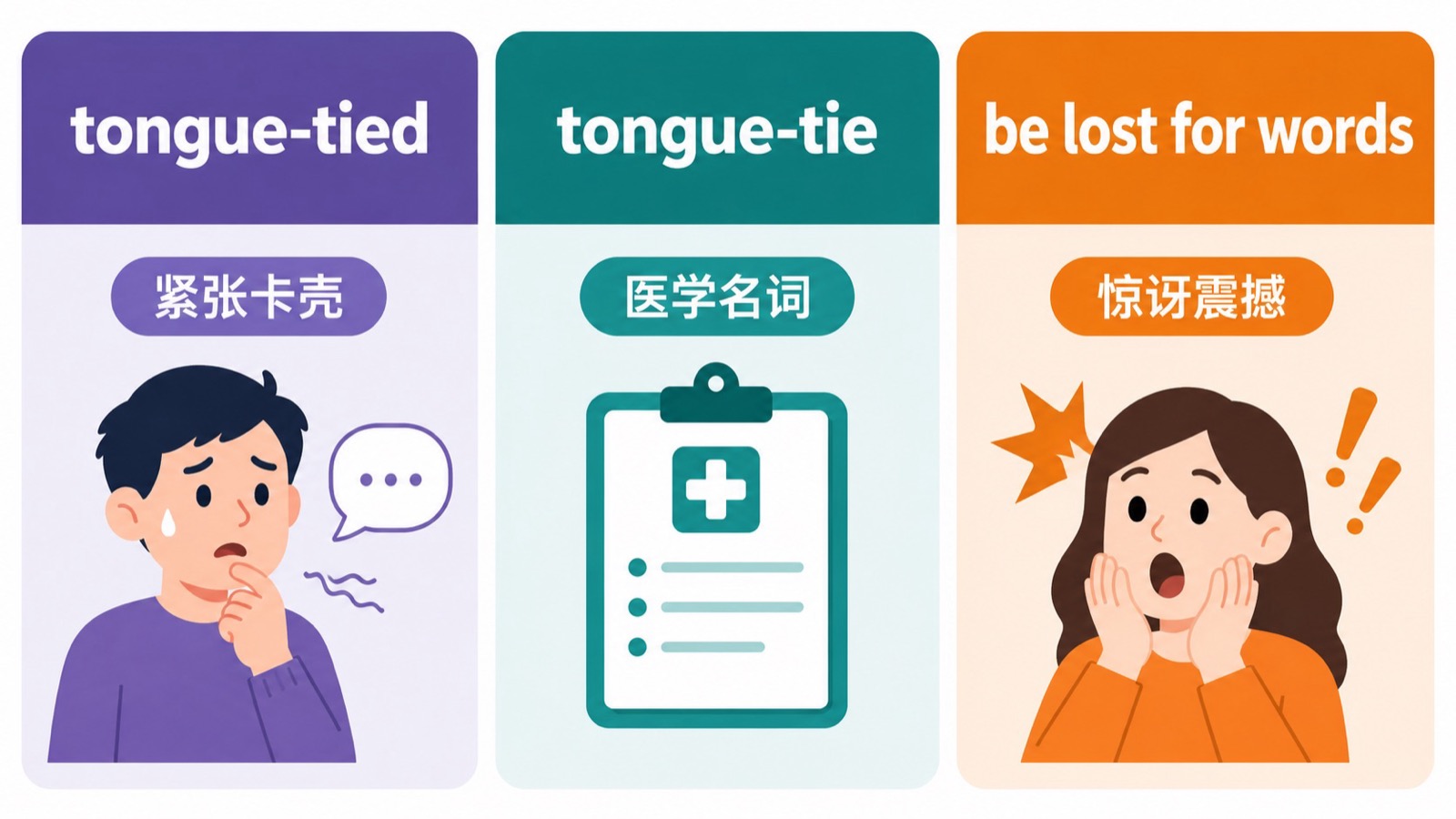三栏对比 tongue-tied、tongue-tie 和 be lost for words,分别标明紧张卡壳、医学名词和惊讶震撼。