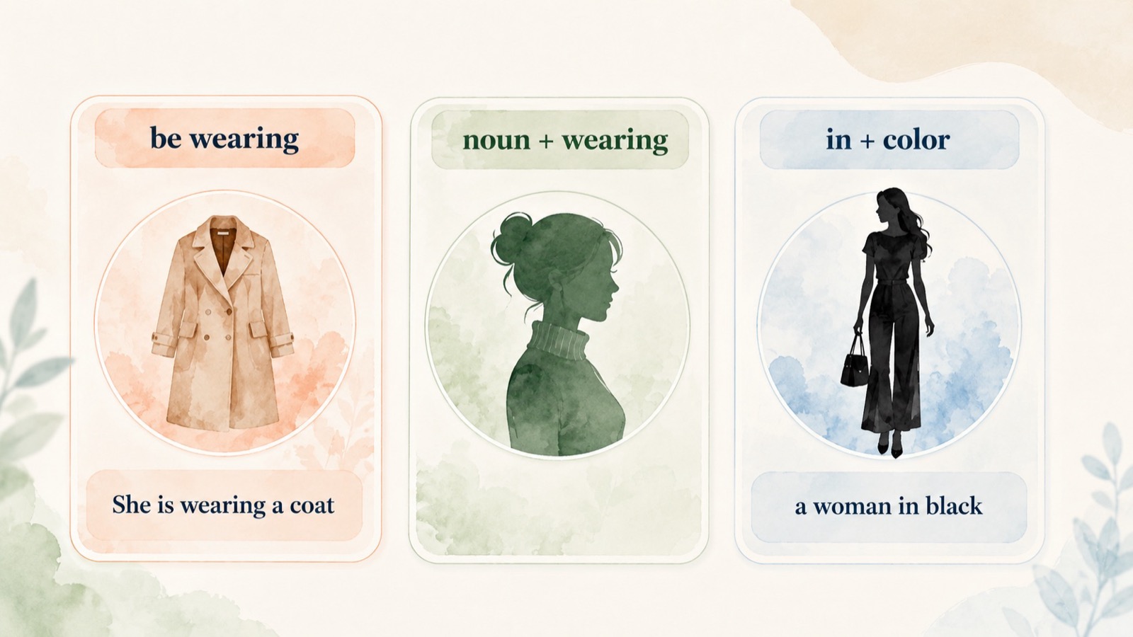 三张练习卡片分别展示 be wearing、wearing after noun 和 in with colors or uniforms 的表达位置。