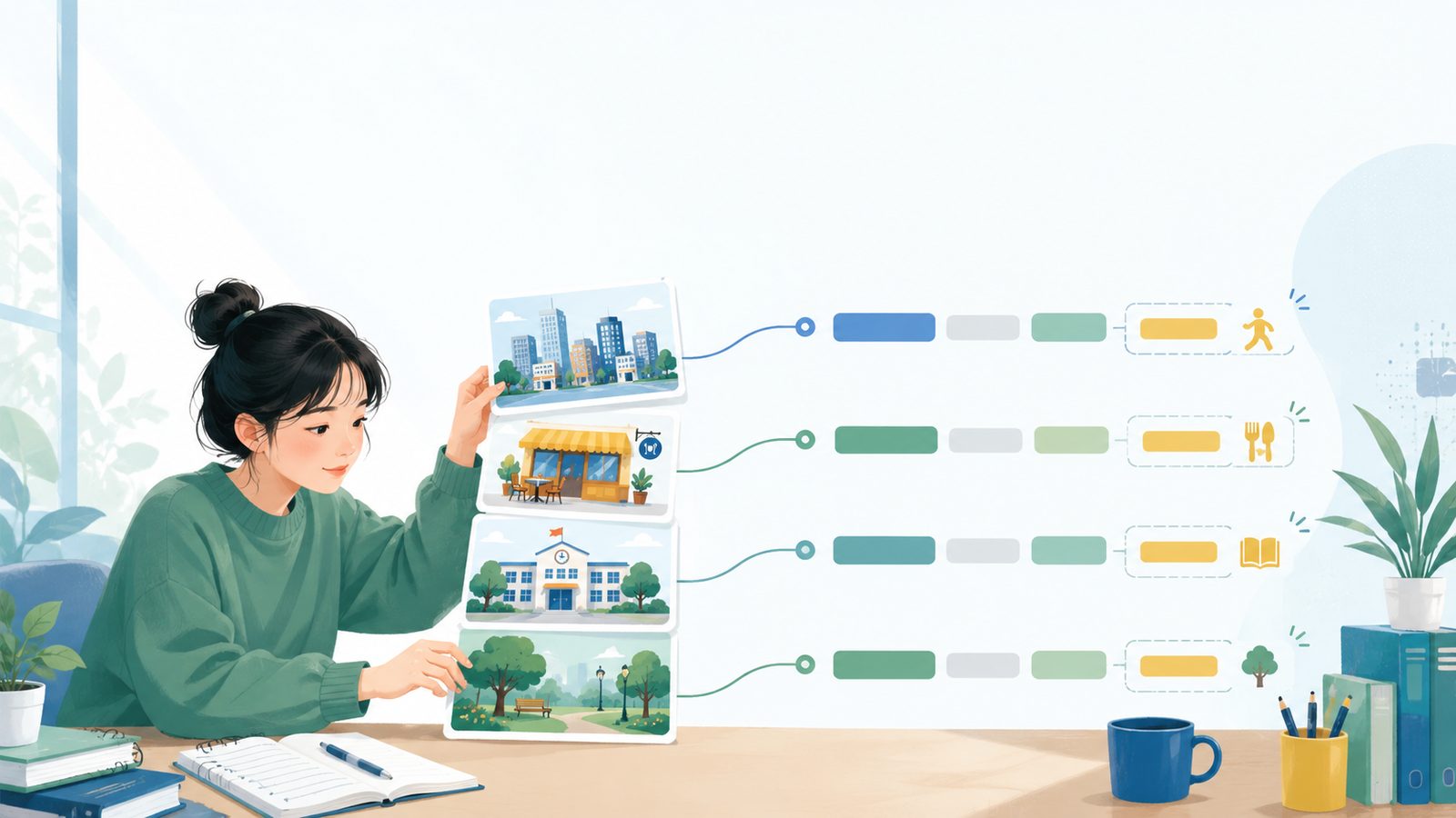 学习者把城市、餐厅、学校和公园四个地点连接到对应英语句子的地点从句关系