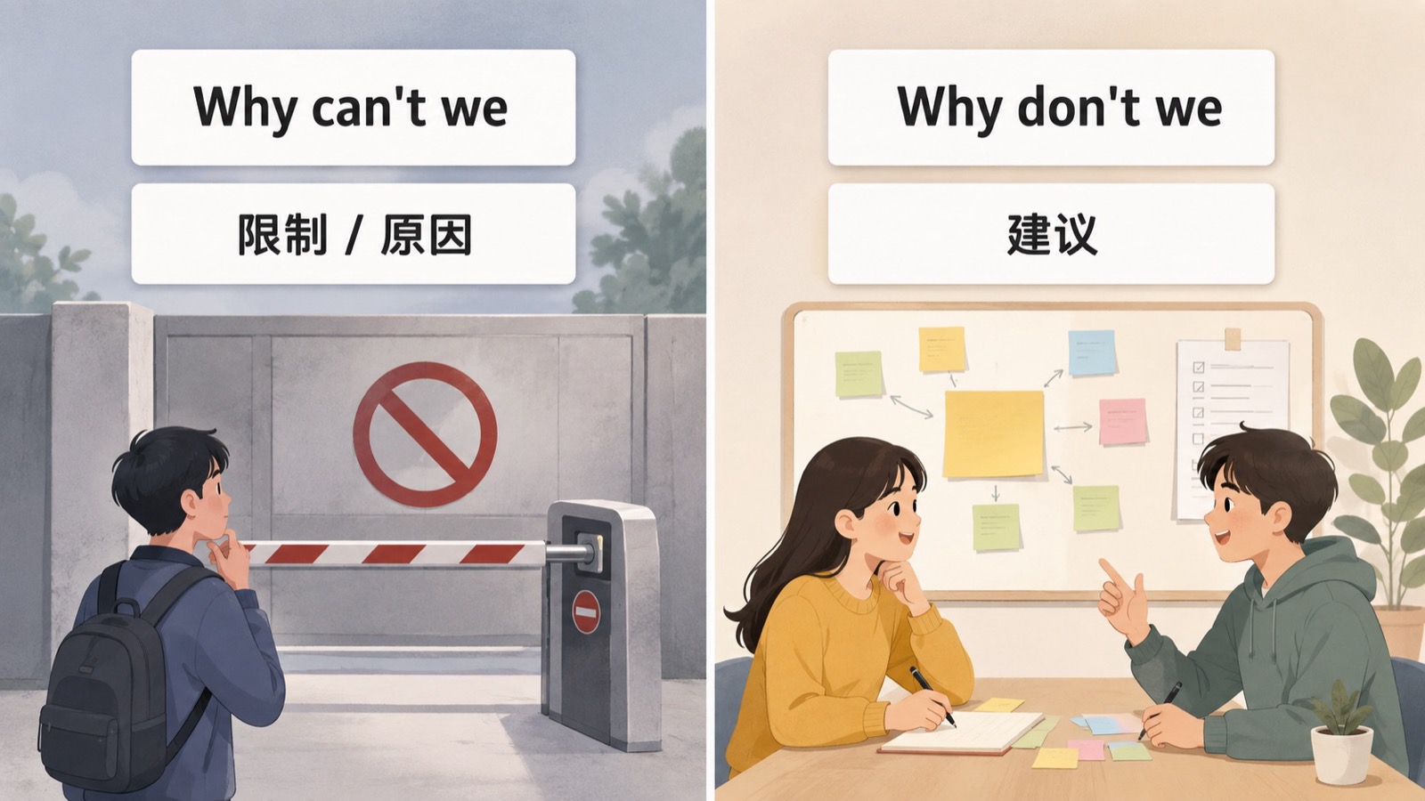 Why can't we 表示问限制与 Why don't we 表示提建议的左右对比图