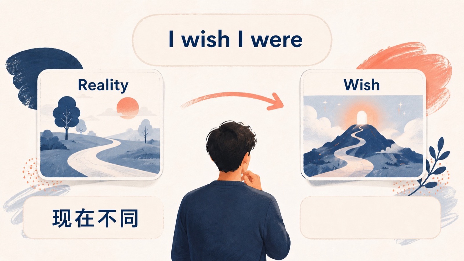 学习者站在现实与愿望两张卡片之间，愿望卡片标出 I wish I were，说明与现实不同的现在愿望。