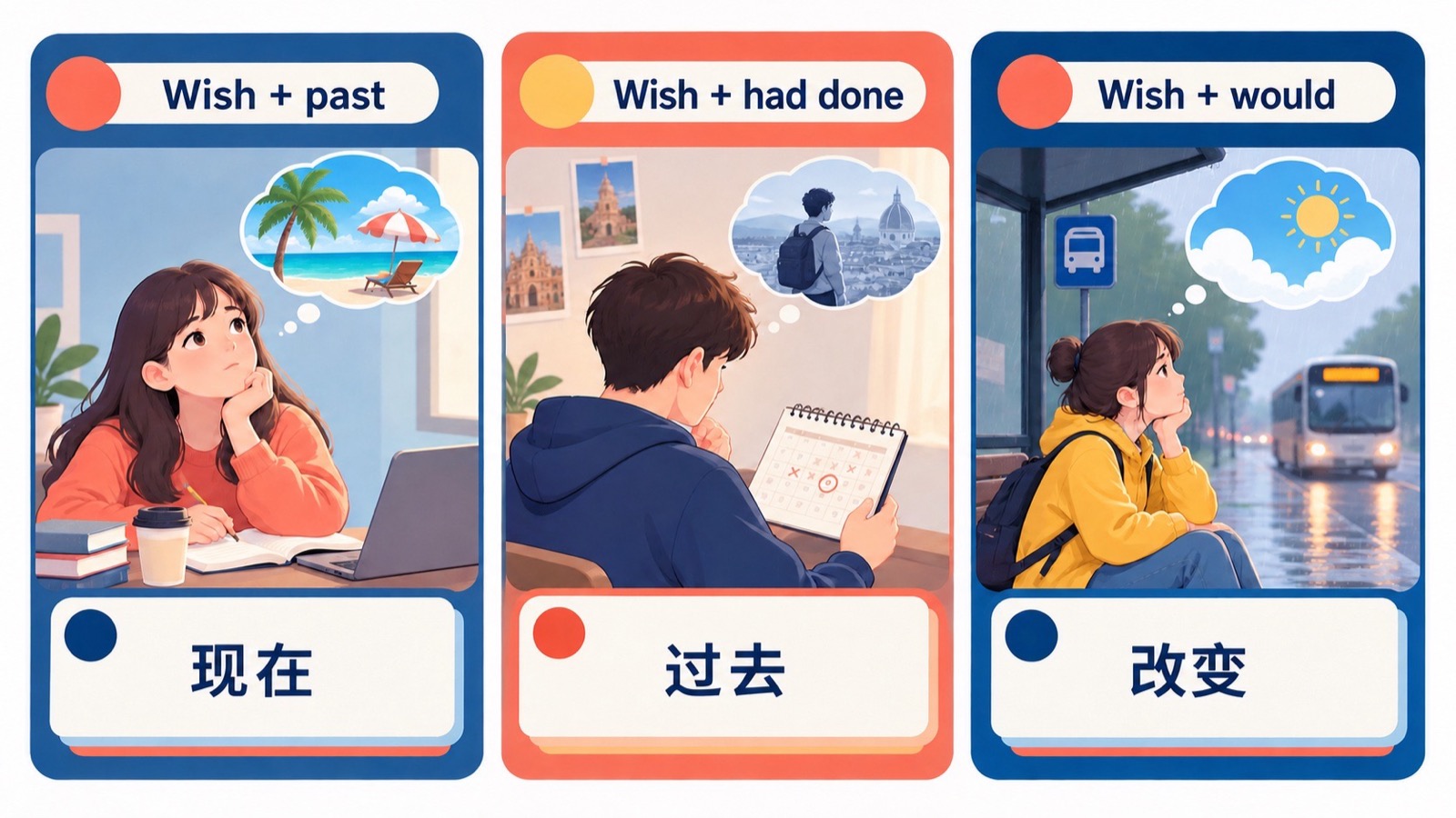 三张并列学习卡片分别标出 Wish plus past、Wish plus had done 和 Wish plus would，对应现在愿望、过去遗憾和外界改变。