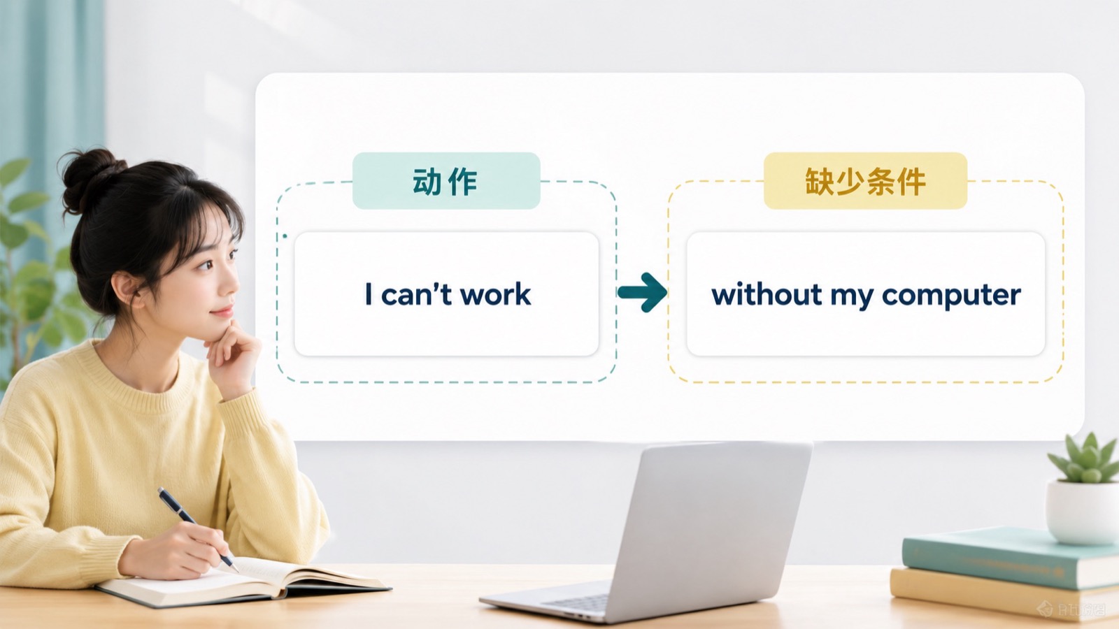 can't work without my computer 句型被拆成动作和缺少条件两个部分,帮助理解 without 的句子位置。